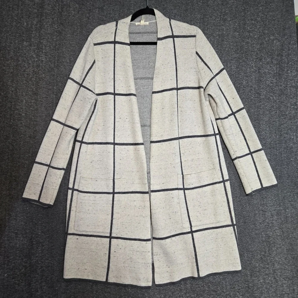 Eileen Fisher Peppered Windowpane Wool Blend Cardigan Sweater Coat Large Ivory‎ - Picture 2 of 9